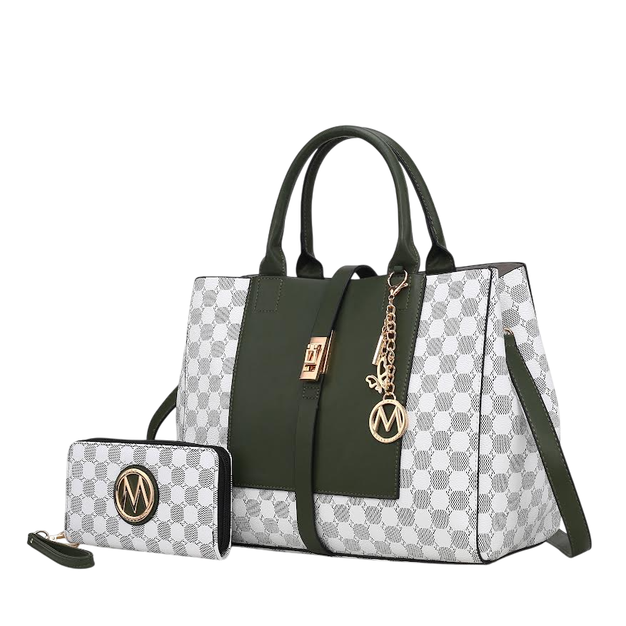 Green and white handbag with a matching wallet, both featuring a checkered pattern and gold-tone accents, including a chain and logo charm.