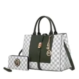 Green and white handbag with a matching wallet, both featuring a checkered pattern and gold-tone accents, including a chain and logo charm.
