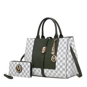 Green and white handbag with a matching wallet, both featuring a checkered pattern and gold-tone accents, including a chain and logo charm.