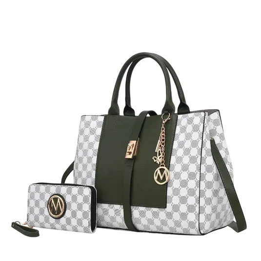 Green and white handbag with a matching wallet, both featuring a checkered pattern and gold-tone accents, including a chain and logo charm.