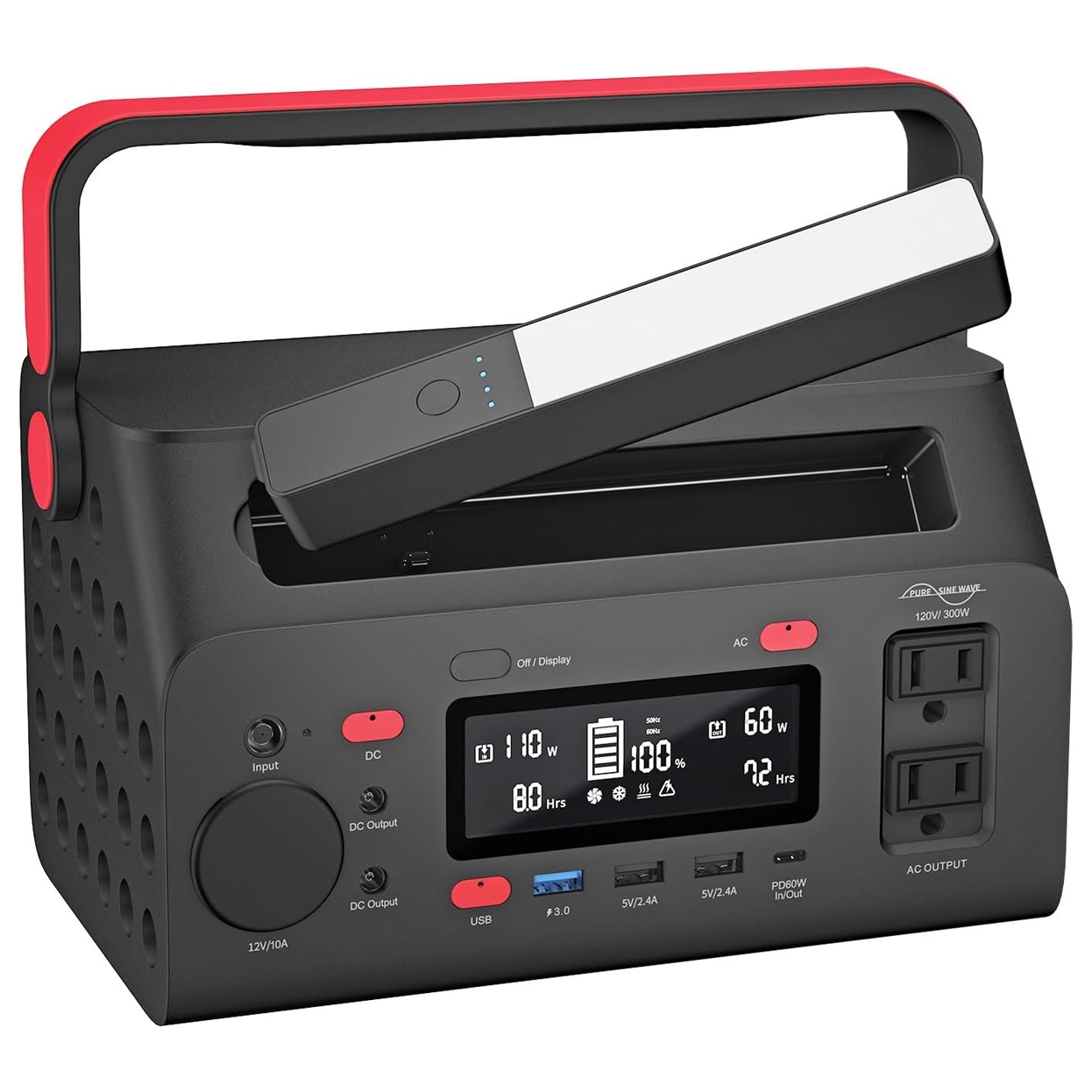 Energizer Portable Power Station with a red carry handle, digital display, 120V AC outlets, USB ports, and a removable battery. It features input and DC output ports, suitable for charging various devices.