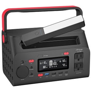 Energizer Portable Power Station with a red carry handle, digital display, 120V AC outlets, USB ports, and a removable battery. It features input and DC output ports, suitable for charging various devices.