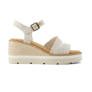 Beige wedge sandal with an ankle strap, buckle closure, and espadrille-style jute-wrapped heel.