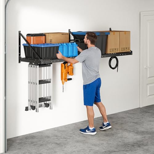 A wall-mounted storage rack holds various items including boxes, blue containers, a ladder, and a yellow tool.