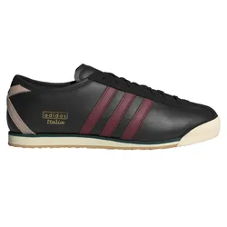 A black leather Adidas Italia sneaker with maroon stripes and beige accents featuring vintage style branding.