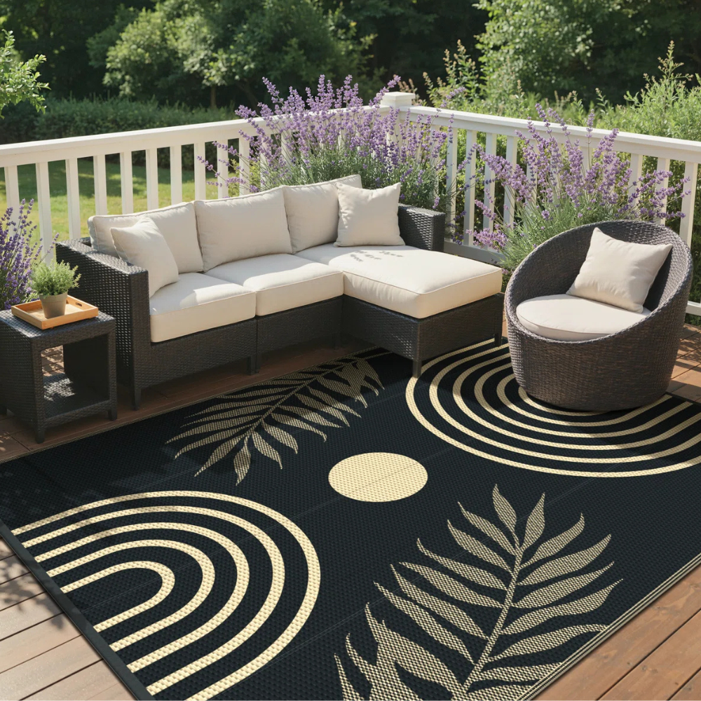 Outdoor patio with a wicker sectional sofa and round chair, featuring cushioned seats, surrounded by lavender plants. A stylish black and cream rug with leaf and circle patterns covers the deck.