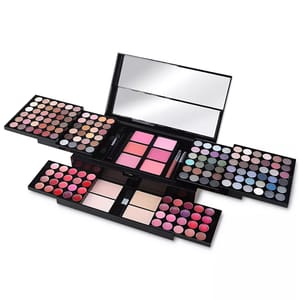 The Macy's Essential Makeup Kit features a variety of cosmetics, including eyeshadows, blushes, lip colors, highlighters, and mirrors, all organized in a sleek black case with slide-out compartments for easy access.