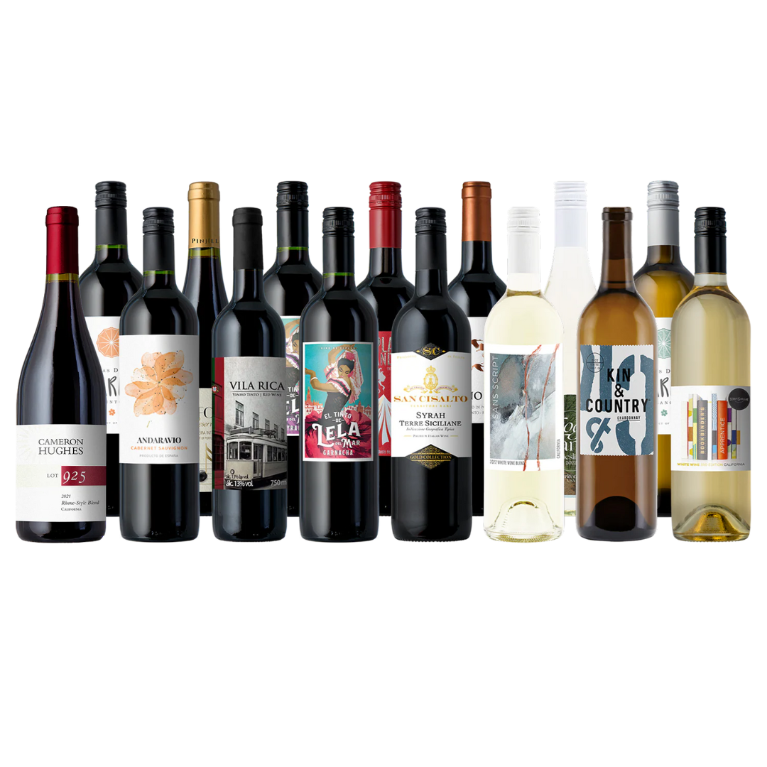 A selection of twelve wine bottles, including reds, whites, and blends, with various labels and designs.