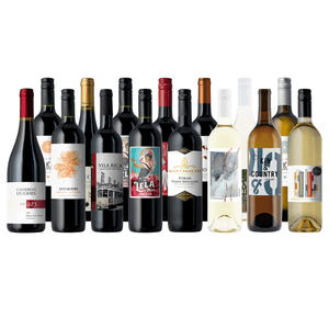 A selection of twelve wine bottles, including reds, whites, and blends, with various labels and designs.