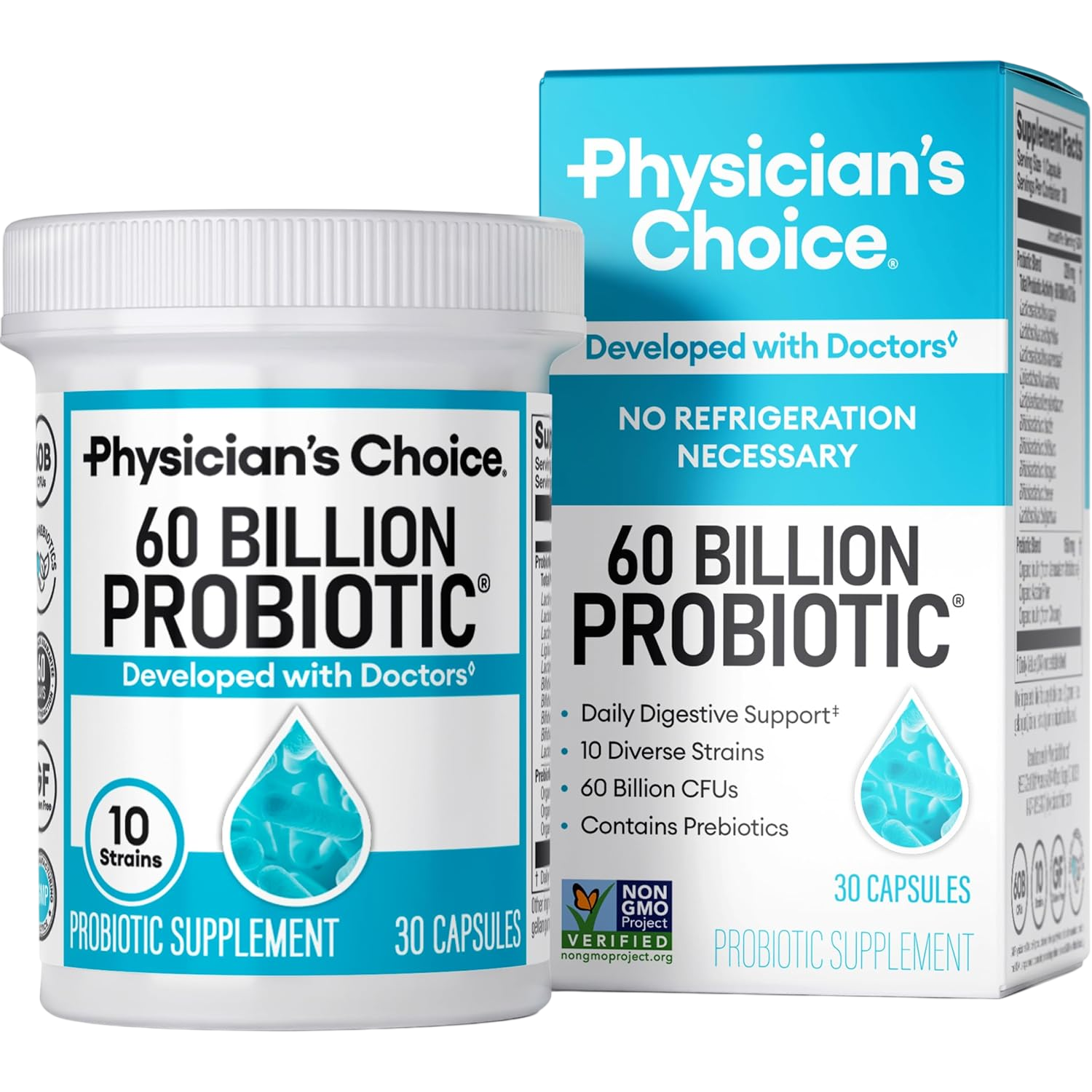 Physician's Choice 60 Billion Probiotic supplement, developed with doctors, offers daily digestive support with 10 diverse strains, 60 billion CFUs, and contains prebiotics. No refrigeration necessary, Non-GMO verified, 30 capsules.