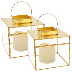 A pair of square glass lanterns with LED candles, featuring a gold metal frame and handle, measuring 6\“ x 6\“ x 6\“.