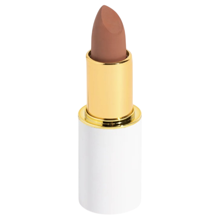 A brown lipstick in a white and gold tube.