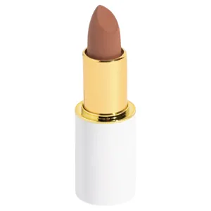 A brown lipstick in a white and gold tube.