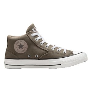 A side view of a high-top olive green Converse Chuck Taylor All Star sneaker with white laces and rubber sole.