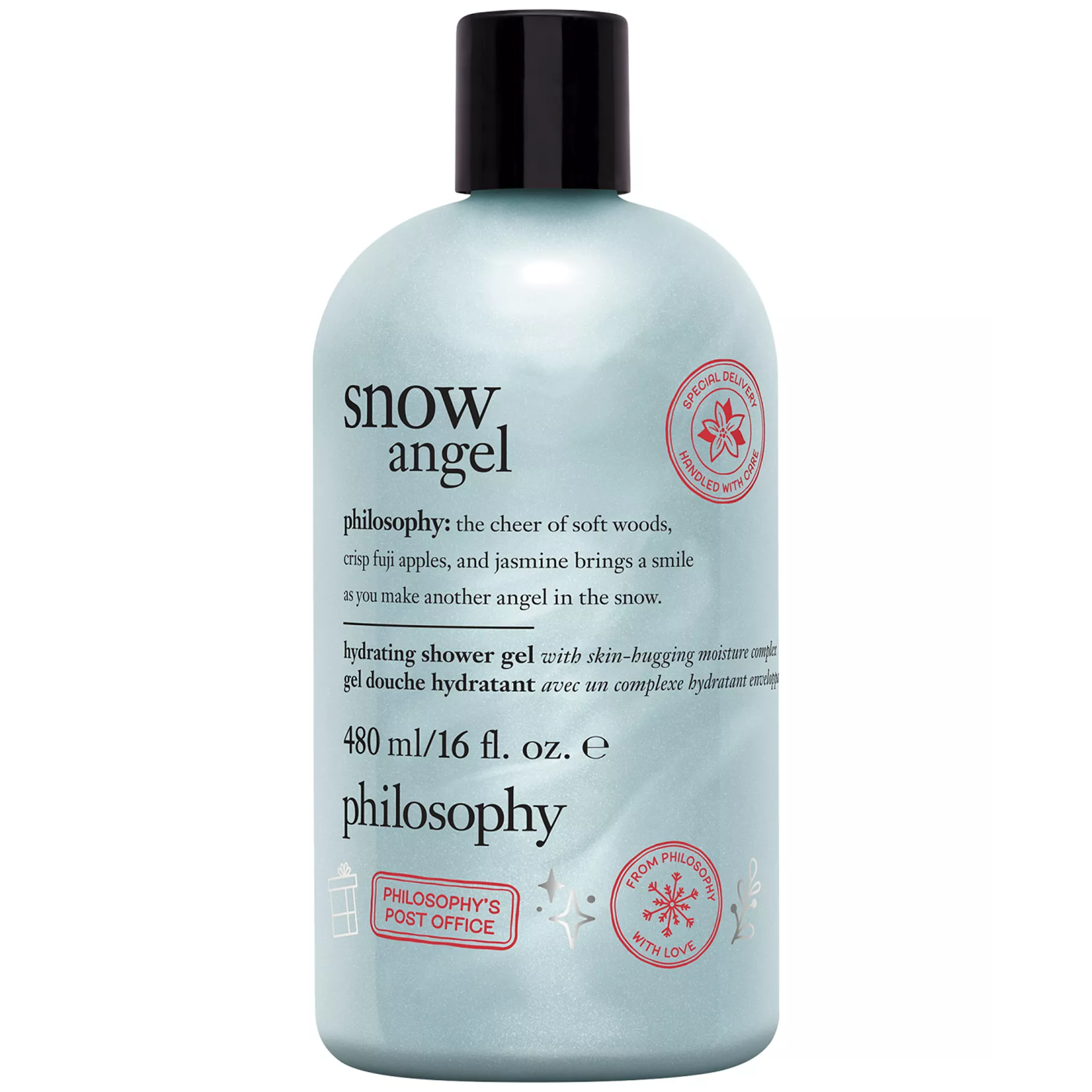 Philosophy Snow Angel hydrating shower gel, 480 ml (16 fl. oz.), features scents of soft woods, Fuji apples, and jasmine.