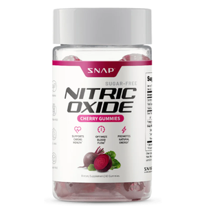 Sugar-free Nitric Oxide Cherry Gummies by SNAP, featuring 60 gummies per bottle. Designed to support cardio health, optimize blood flow, and promote natural energy.