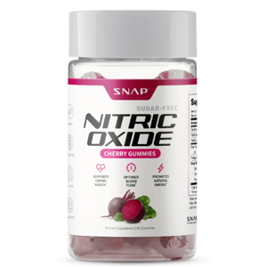 Sugar-free Nitric Oxide Cherry Gummies by SNAP, featuring 60 gummies per bottle. Designed to support cardio health, optimize blood flow, and promote natural energy.