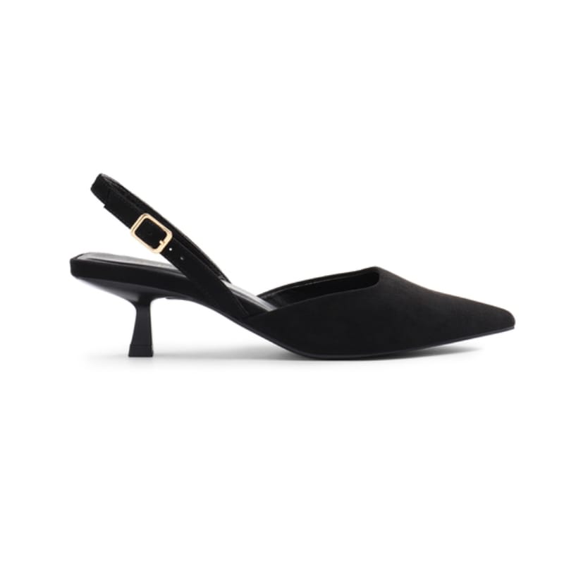 Black slingback shoe with a pointed toe and kitten heel, featuring a gold-tone buckle detail.