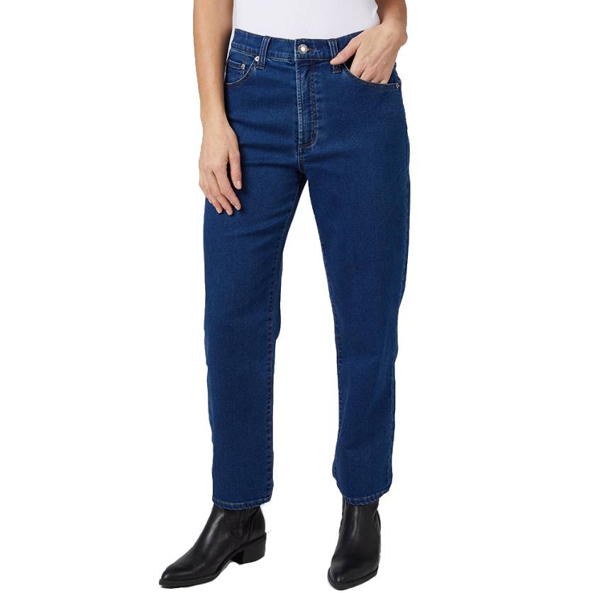 Dark blue, straight-leg jeans with a high rise, featuring a classic five-pocket design and crafted from stretch fabric for comfort. Paired with black ankle boots, showcasing a versatile, casual look.