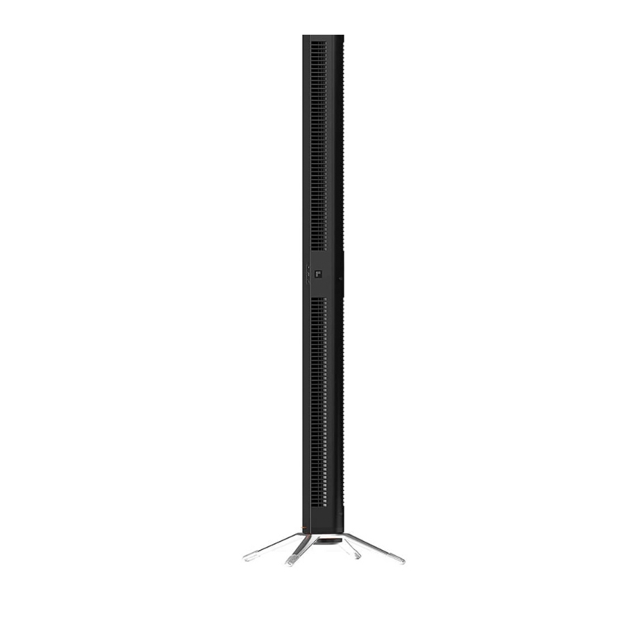 Black tower fan with a tall, slim profile and a round, chrome-finished base.