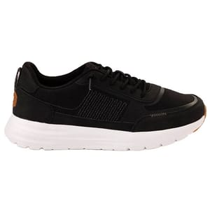 Black sneaker with a white sole, featuring a mesh and synthetic upper, black laces, and a subtle design on the side panel.