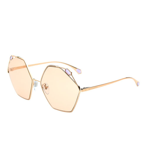Gold-framed hexagonal sunglasses with rose-tinted lenses and thin temples.