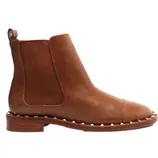 A brown leather ankle boot with a low wooden heel and studded detailing around the sole.