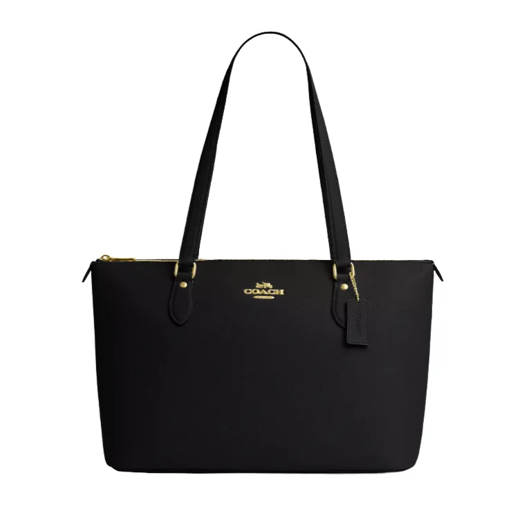 Black Coach Gallery Tote with gold hardware featuring a zip closure, double shoulder straps, and a small Coach logo tag.