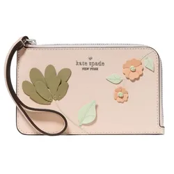 A leather wristlet pouch featuring floral appliqués in pastel colors, with \“kate spade NEW YORK\“ embossed on the front.