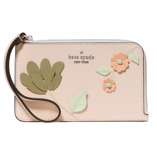A leather wristlet pouch featuring floral appliqués in pastel colors, with \“kate spade NEW YORK\“ embossed on the front.