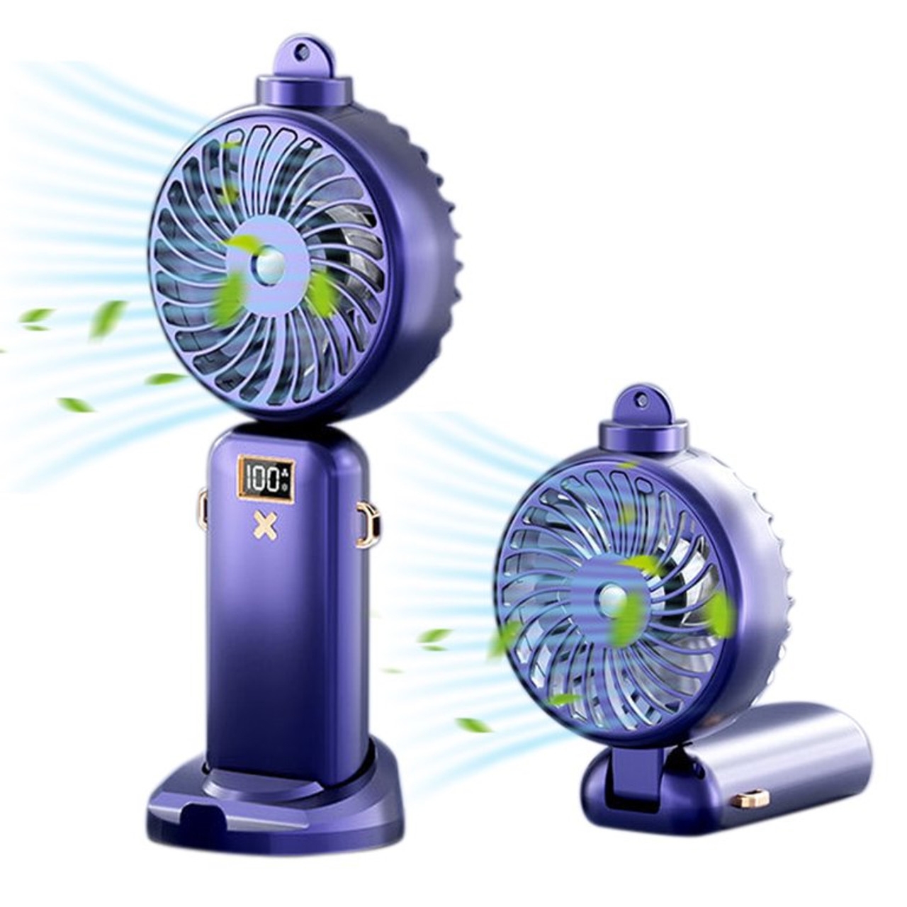 Two compact, purple portable fans are depicted, one standing upright and the other lying horizontally, both emitting a breeze and featuring a digital display on the base.