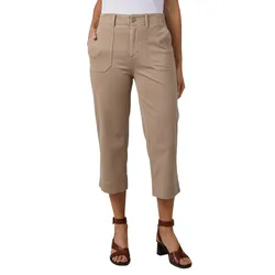 A person is wearing beige cropped pants with front pockets and a white top, paired with brown heeled sandals.