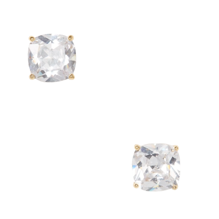 A pair of cushion-cut diamond stud earrings set in four-prong gold settings.