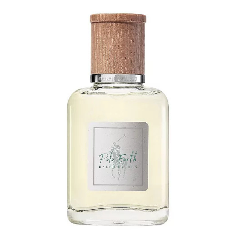 Ralph Lauren Polo Earth Fragrance features a simple bottle design with a natural wood cap and a light-colored liquid, showcasing an earthy aesthetic. The label includes the Polo Ralph Lauren logo.