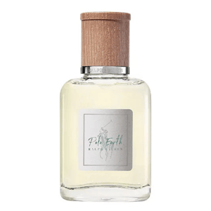 Ralph Lauren Polo Earth Fragrance features a simple bottle design with a natural wood cap and a light-colored liquid, showcasing an earthy aesthetic. The label includes the Polo Ralph Lauren logo.