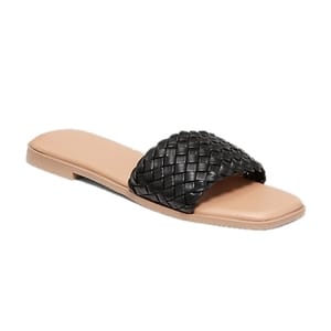 A flat sandal featuring a tan sole with a black woven strap across the front.