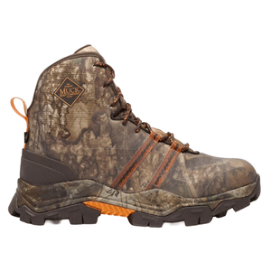 Camouflage hiking boot with rugged tread and lace-up design, featuring an orange pull tab and logo from The Muck Boot Company.