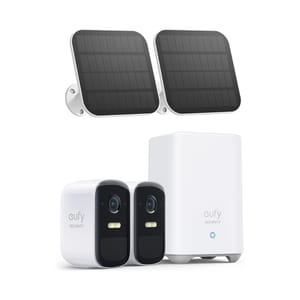 Eufy S210 2-Cam Kit includes two security cameras, two solar panels for continuous power, and a central hub for connectivity. Designed for wireless home surveillance, it offers an eco-friendly solution with solar charging capabilities.