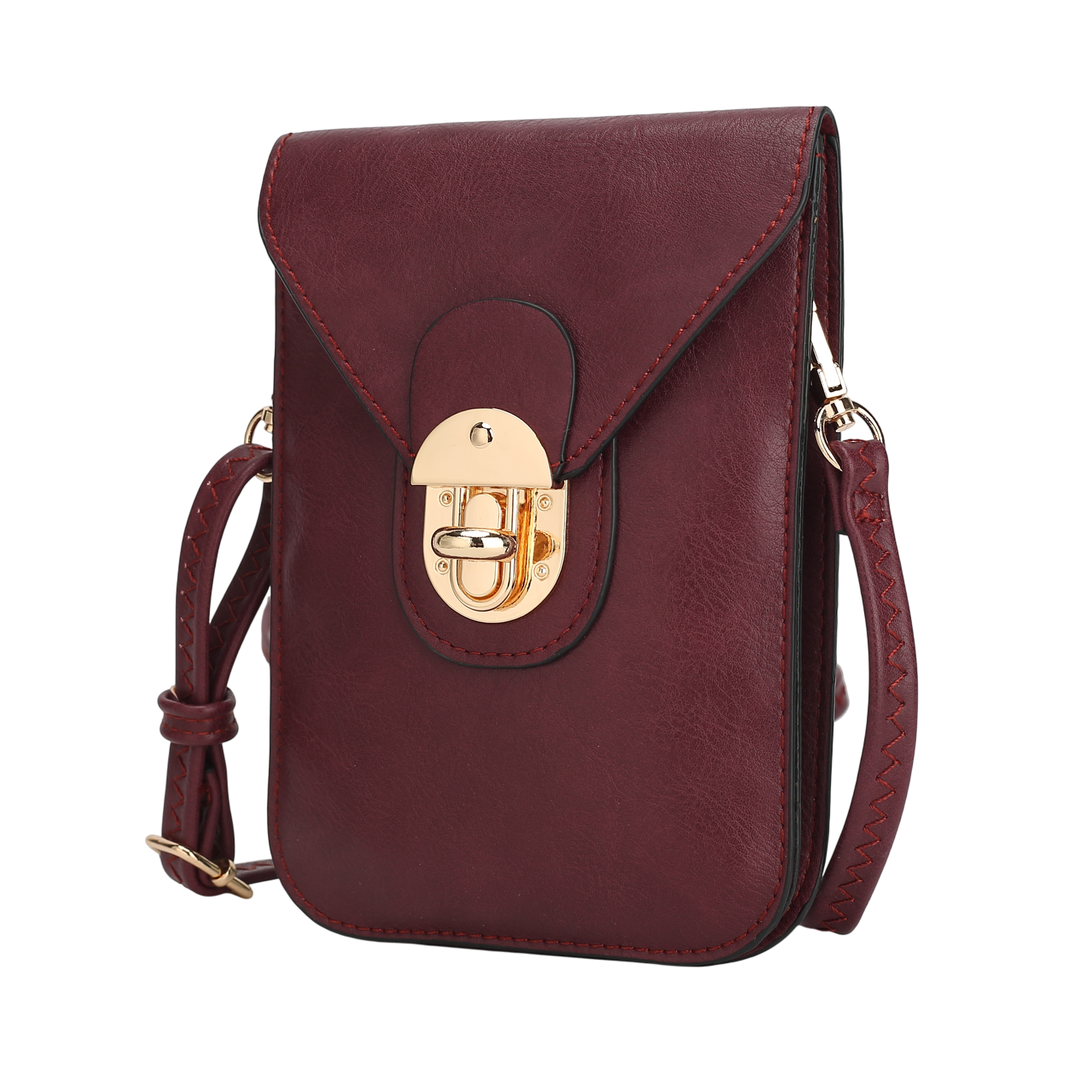 A burgundy crossbody bag with a gold clasp, featuring a textured strap and stitched detailing.