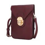 A burgundy crossbody bag with a gold clasp, featuring a textured strap and stitched detailing.