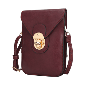 A burgundy crossbody bag with a gold clasp, featuring a textured strap and stitched detailing.