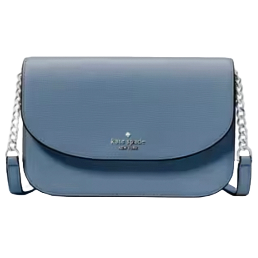 A blue Kate Spade leather crossbody bag features a structured shape, a flap closure with the brand's logo, and a chain strap with leather detailing.