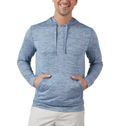 A man wearing a light blue, long-sleeve hoodie with a front pocket and white pants.