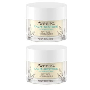Two jars of Aveeno Calm + Restore Oat Gel Moisturizer for sensitive skin, each 1.7 oz (48 g).