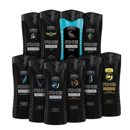 A collection of Axe body wash bottles featuring various scents: Peace, Jet, Sport Blast, Kilo, Phoenix, Excite, Anarchy, Dark Temptation, Apollo, and Gold Temptation.