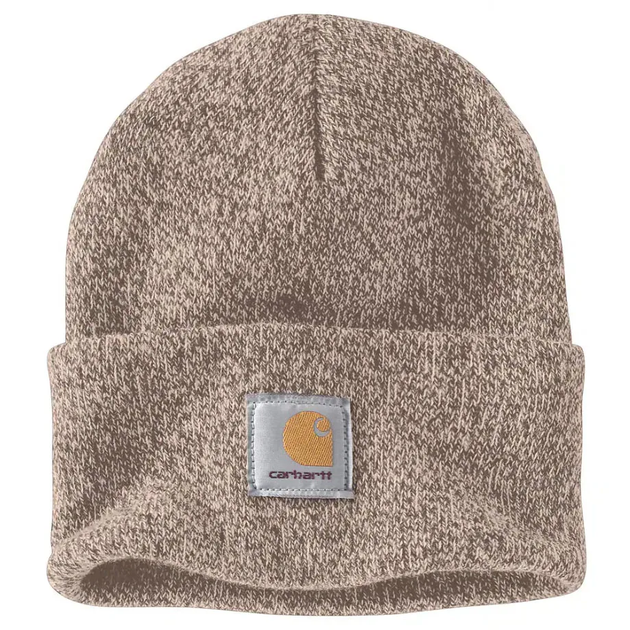 A brown knit beanie with a folded cuff featuring the Carhartt logo patch.