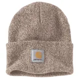 A brown knit beanie with a folded cuff featuring the Carhartt logo patch.