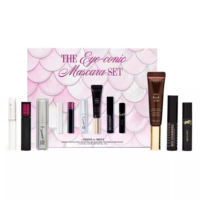 The Eye-conic Mascara Set features a variety of mascaras including brands like Wander Beauty, Tarte, Anastasia Beverly Hills, and Yves Saint Laurent.