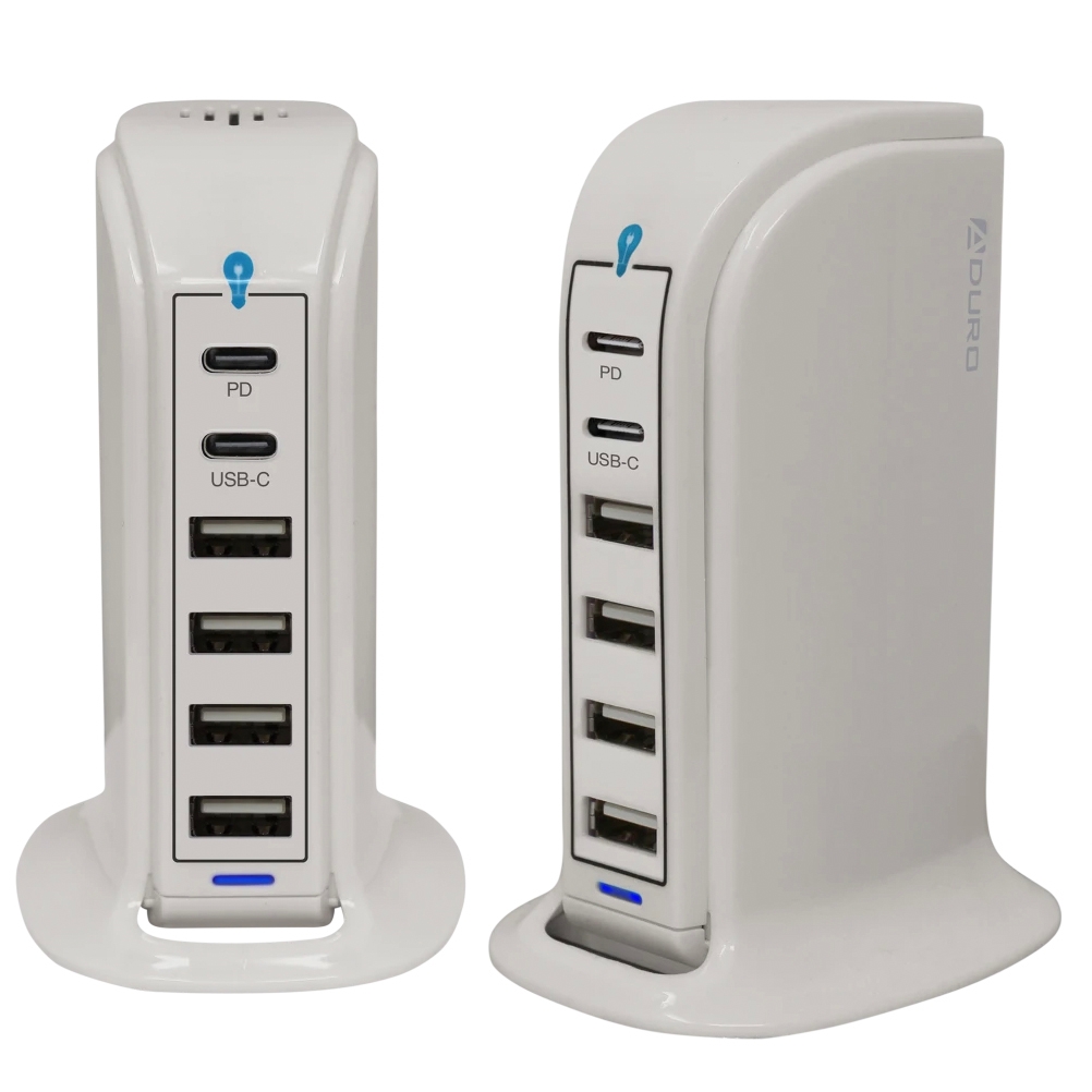 Dual white USB charging stations with multiple ports, including USB-C and USB-A, featuring power delivery (PD) indicated by labels and LED lights.