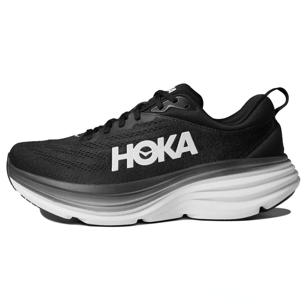 Men's Hoka Bondi 8 Running Shoes in black feature a thick, cushioned white-and-black sole, lace-up closure, and prominent Hoka logo on the side. Designed for comfort and support.